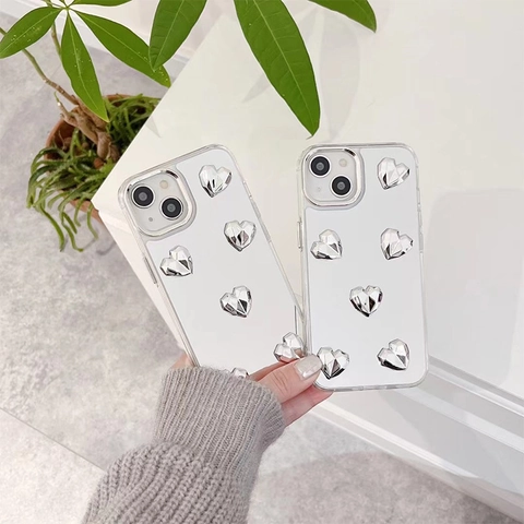 Custodia Per Telefono A Specchio Argento Con Decorazione A Cuore 3D TPU Galvanizzato Cover Protettiva Di Moda
