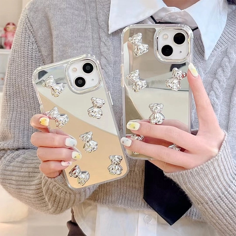 3D Silver Bear Mirror Phone Case Soft TPU Shockproof Protective Cover Cute Fashion Luxury Ins Style For iPhone