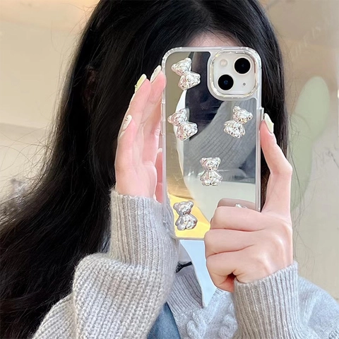 3D Silver Bear Mirror Phone Case Soft TPU Shockproof Protective Cover Cute Fashion Luxury Ins Style For iPhone