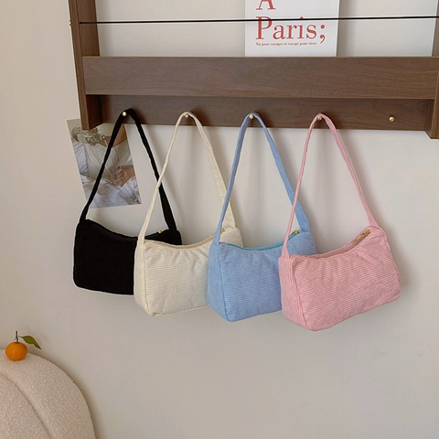 Women Corduroy Underarm Bag Vintage Simple Retro Shoulder Bag Casual Zipper Handbag Solid Color Elegant Baguette Hobo Bag