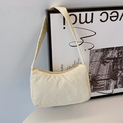 Women Corduroy Underarm Bag Vintage Simple Retro Shoulder Bag Casual Zipper Handbag Solid Color Elegant Baguette Hobo Bag