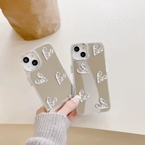 Mirror Finish Protective Phone Case With 3D Wrinkled Heart Decor Silver Electroplated TPU Soft Frame Fashion Style