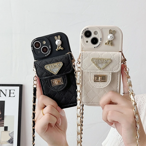 Custodia Per Telefono Tracolla Pelle PU Trapuntata Portafoglio Porta Carte Perla Artificial Coniglio Catena Metallo Tracolla Protettiva Donna