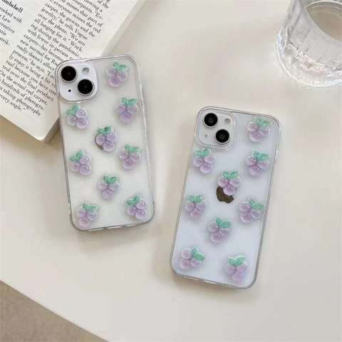 Coque De Téléphone Raisin 3D Compatible Avec iPhone Paillettes Transparentes Séquins Résine Décor De Fruits Trendy