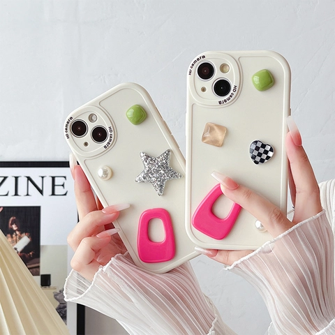 Custodia Per Telefono Decorazione Gemma Perla Artificial Cuore Stella Stereoscopica Silicone Morbido Antiurto Bianco Crema Stile Ins Donne