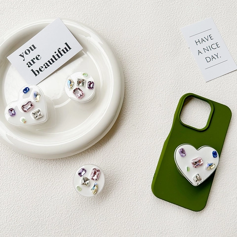 Expanding Grip Phone Holder Rhinestone Heart Round Gemstone Retractable Folding Desk Stand For Smartphone Accessory