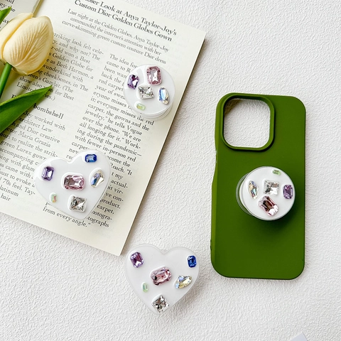 Expanding Grip Phone Holder Rhinestone Heart Round Gemstone Retractable Folding Desk Stand For Smartphone Accessory
