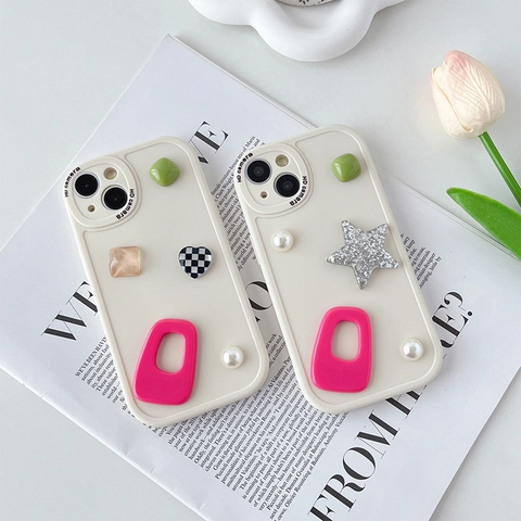 Custodia Per Telefono Decorazione Gemma Perla Artificial Cuore Stella Stereoscopica Silicone Morbido Antiurto Bianco Crema Stile Ins Donne