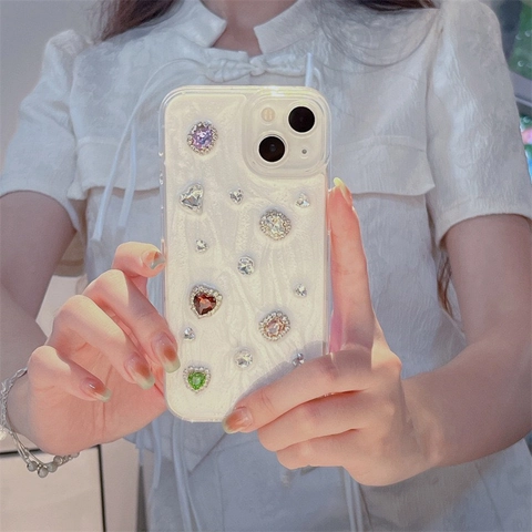 Rhinestone Gemstone Phone Case TPU Glitter Artificial Pearl Glossy Dainty Heart Shape Back Cover For iPhone