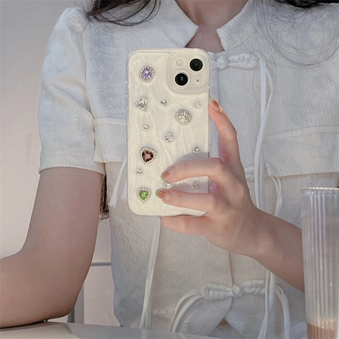 Rhinestone Gemstone Phone Case TPU Glitter Artificial Pearl Glossy Dainty Heart Shape Back Cover For iPhone