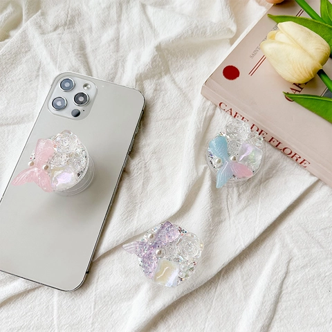 Supporto Cellulare Resina Coda Di Sirena Con Rosa Perla Artificial Glitter Laser Iridescente Supporto Dito Estensibile