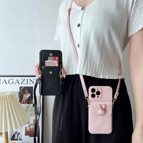 Funda Cartera Para Teléfono Cruzada Cuero PU Acolchado Soporte Para Tarjetas Con Correa Ajustable Decoración Conejo Lazo