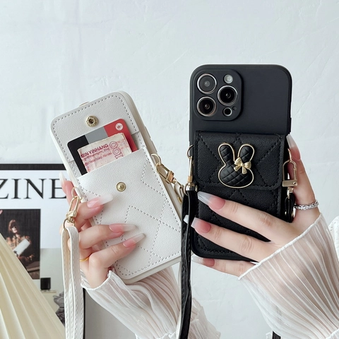 Funda Cartera Para Teléfono Cruzada Cuero PU Acolchado Soporte Para Tarjetas Con Correa Ajustable Decoración Conejo Lazo