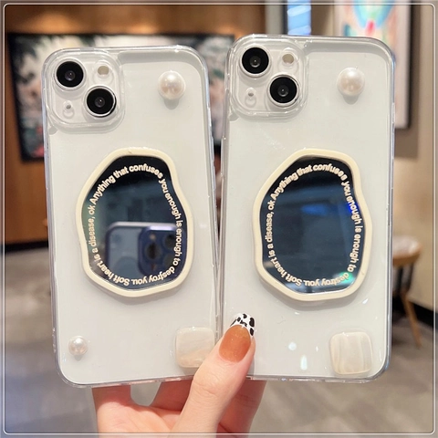 Funda Para Teléfono Con Espejo Irregular Y Perla Artificial TPU Transparente Elegante Estilo Ins Para IPhone