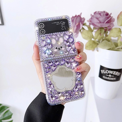 Luxury Rhinestone Phone Case Fits Samsung Z Flip 4 3 5 Bling Diamond Rabbit Heart Mirror Hard PC Cover