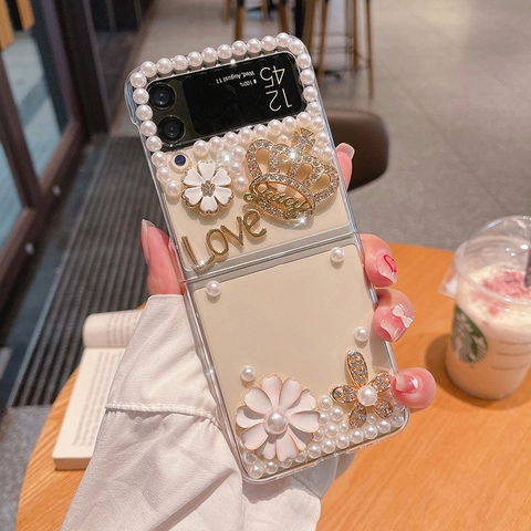 Luxury Protective Phone Case For Foldable Smartphone Transparent PC Hard Shell With Artificial Pearl Rhinestone Crown Flower Elegant