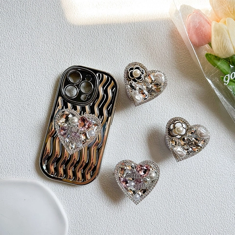 Supporto Per Telefono Cuore Supporto Estensibile Strass Perla Artificial Sintetica Fiore Camelia Supporto Scrivania Elegante Lusso