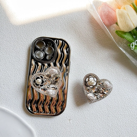 Supporto Per Telefono Cuore Supporto Estensibile Strass Perla Artificial Sintetica Fiore Camelia Supporto Scrivania Elegante Lusso