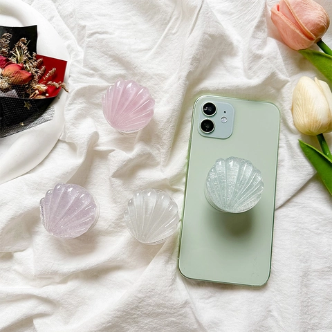 Phone Grip Stand Glitter Resin Shell Shape Telescopic Expanding Socket Holder For Mobile Devices Korean Ins Style Girly