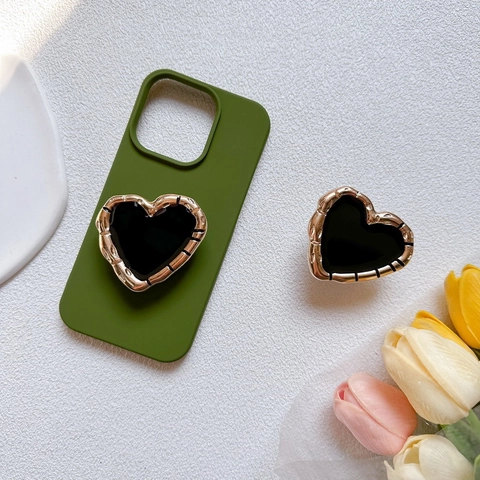 Supporto Per Telefono A Forma Di Cuore Impugnatura Airbag Bordo Dorato Elett galvanizzato Superficie Nera Lucida Retraibile Universale