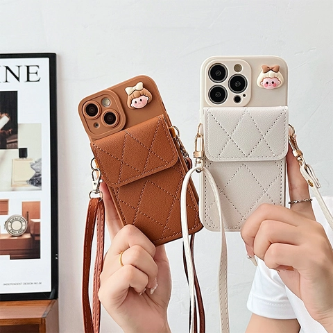 Quilted Leather Crossbody Phone Case Wallet Card Holder And Detachable Lanyard Strap For IPhone Cute Cartoon Girl