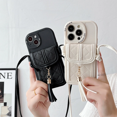 Umhängetasche Wallet Handyhülle Gestepptes PU Leder Kartenfach Quaste Langes Schlüsselband Für IPhone 17 16 15 14 Pro Max