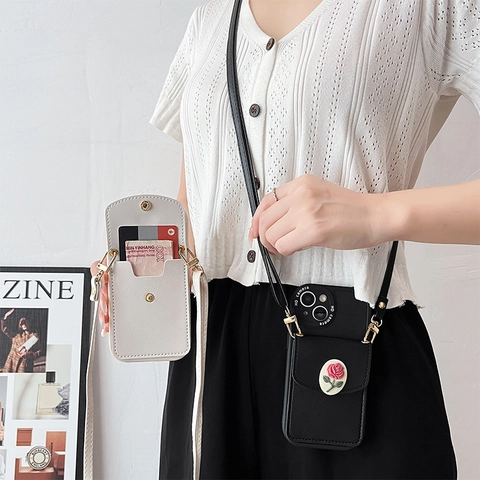 Crossbody Wallet Phone Case With Detachable Strap 3D Rose Flower PU Leather Card Holder Lychee Pattern Protective Cover