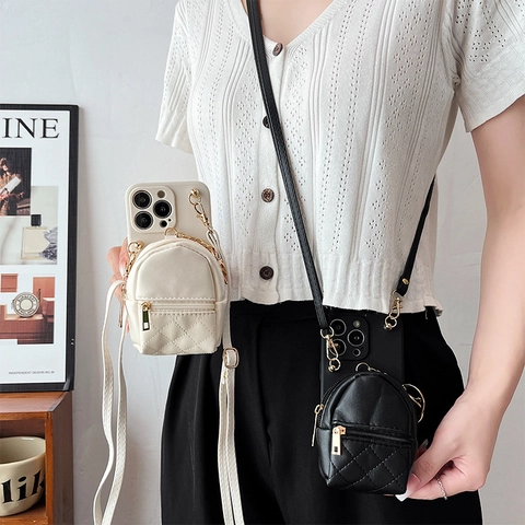 Crossbody Phone Case With Mini Backpack Coin Purse Detachable Strap Quilted PU Leather Wallet Women
