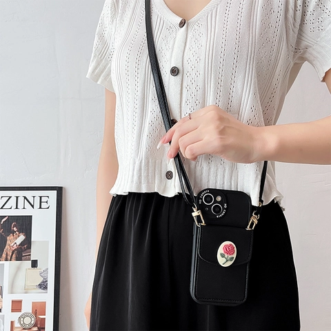 Crossbody Wallet Phone Case With Detachable Strap 3D Rose Flower PU Leather Card Holder Lychee Pattern Protective Cover