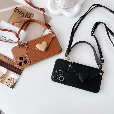 Étui Téléphone Bandoulière Avec Porte Cartes Portefeuille Lanière Amovible Pour Iphone Décor Coeur Cuir PU Cover