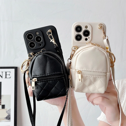 Crossbody Phone Case With Mini Backpack Coin Purse Detachable Strap Quilted PU Leather Wallet Women