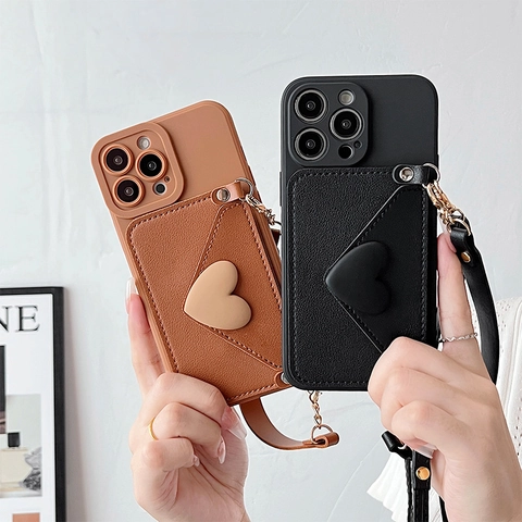 Étui Téléphone Bandoulière Avec Porte Cartes Portefeuille Lanière Amovible Pour Iphone Décor Coeur Cuir PU Cover