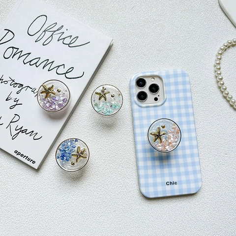 Supporto Per Telefono Stella Marina Conchiglia Impugnatura Espandibile Resina Glitter Stile Oceano Supporto Scrivania