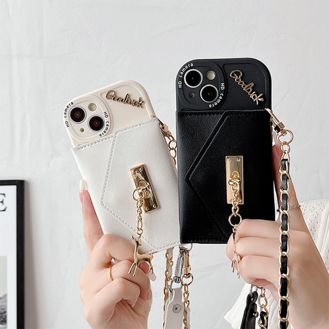 Funda De Teléfono Cruzada Con Cartera Porta Tarjetas Cuero PU Correa De Cadena Y Colgante De Ciervo Estilo De Lujo