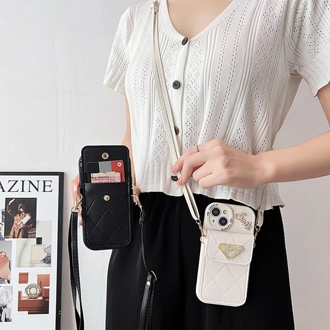 Quilted PU Leather Wallet Phone Case With Crossbody Strap Metal Triangle Rhinestone Smile For iPhone 16 15 14 13 12 Pro Max