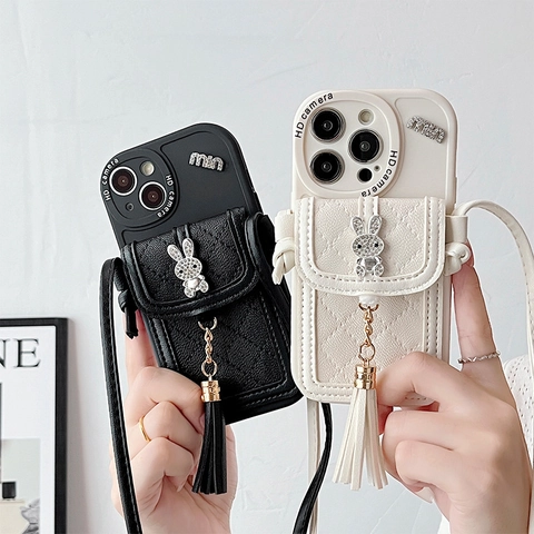 Funda De Teléfono Cruzada Con Cartera Cuero PU Acolchado Estrás Conejo Borla Correa Ajustable Para Mujeres Elegante