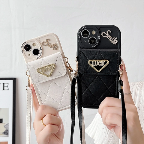 Quilted PU Leather Wallet Phone Case With Crossbody Strap Metal Triangle Rhinestone Smile For iPhone 16 15 14 13 12 Pro Max