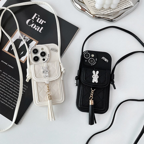 Funda De Teléfono Cruzada Con Cartera Cuero PU Acolchado Estrás Conejo Borla Correa Ajustable Para Mujeres Elegante