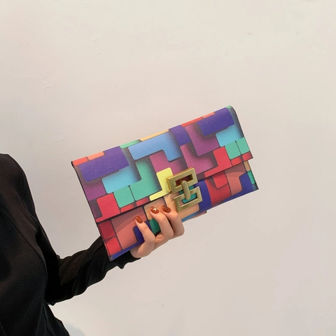 Pochette Da Donna In Pelle PU Blocco Di Colore Geometrico Borsa A Busta Con Chiusura In Metallo Dorato Multicolore Moda