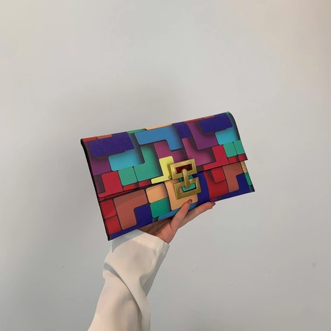 Pochette Da Donna In Pelle PU Blocco Di Colore Geometrico Borsa A Busta Con Chiusura In Metallo Dorato Multicolore Moda