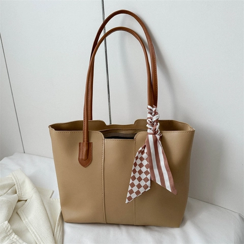 Large Capacity PU Leather Tote Bag Fashion Simple Commuter Shoulder Handbag For Women With Decorative Scarf Chic