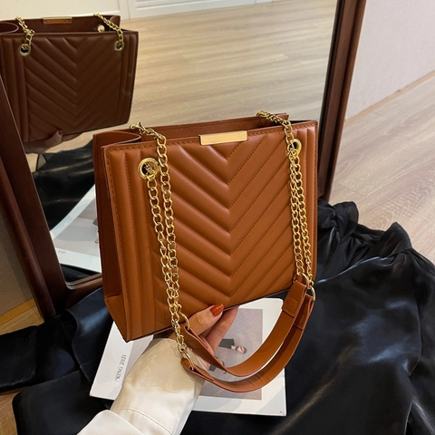 Borsa A Spalla Trapuntata A V Chevron Da Donna Pelle PU Catena Dorata Stile Coreano Retrò Borsa A Mano Alla Moda