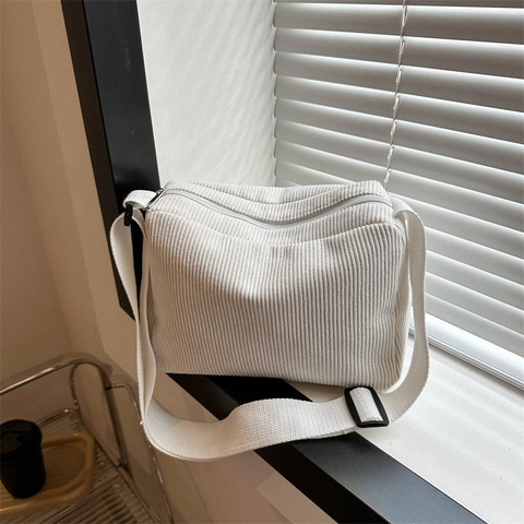 Corduroy Shoulder Bag Women Retro Crossbody Tote With Adjustable Wide Strap Casual Versatile Solid Color Zipper