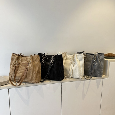 Κοτλέ Τσάντα Tote Για Γυναίκες Μεγάλη Χωρητικότητα Τσάντα Ώμου Καθημερινή Ρετρό Ύφασμα Με Κάθετες Ρίγες Μεταλλική Αλυσίδα
