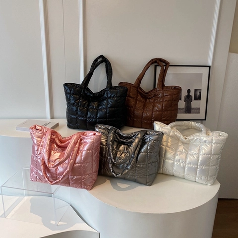 Bolso Tote Acolchado Puffer Poliéster Brillante Gran Capacidad Bolso De Hombro Casual Invierno Moda Mujeres