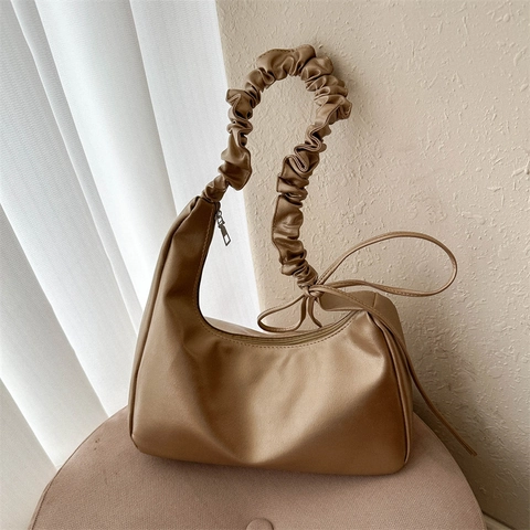 Women PU Leather Pleated Scrunchie Strap Hobo Bag Ruched Underarm Bag Half Moon Minimalist Solid Color Zipper