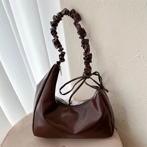 Women PU Leather Pleated Scrunchie Strap Hobo Bag Ruched Underarm Bag Half Moon Minimalist Solid Color Zipper