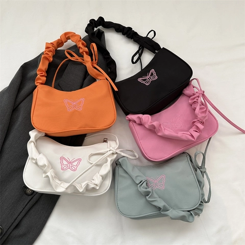 Butterfly Embroidery Underarm Bag Nylon Ruched Shoulder Strap Hobo Handbag Fashionable Casual For Women
