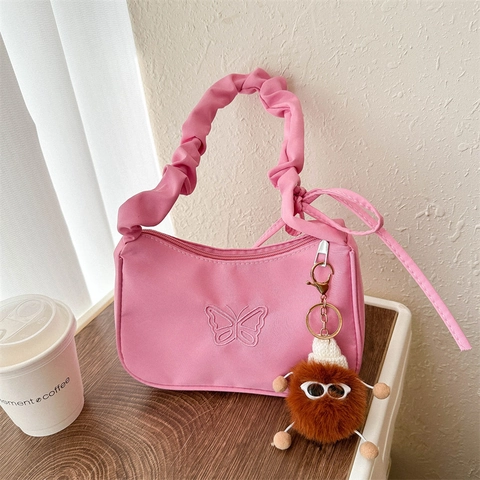 Butterfly Embroidery Underarm Bag Nylon Ruched Shoulder Strap Hobo Handbag Fashionable Casual For Women