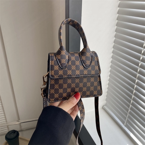 Mini Crossbody Bag Handbag Retro Monogram PU Leather Small Square Shape Top Handle Adjustable Strap Fashion Commute